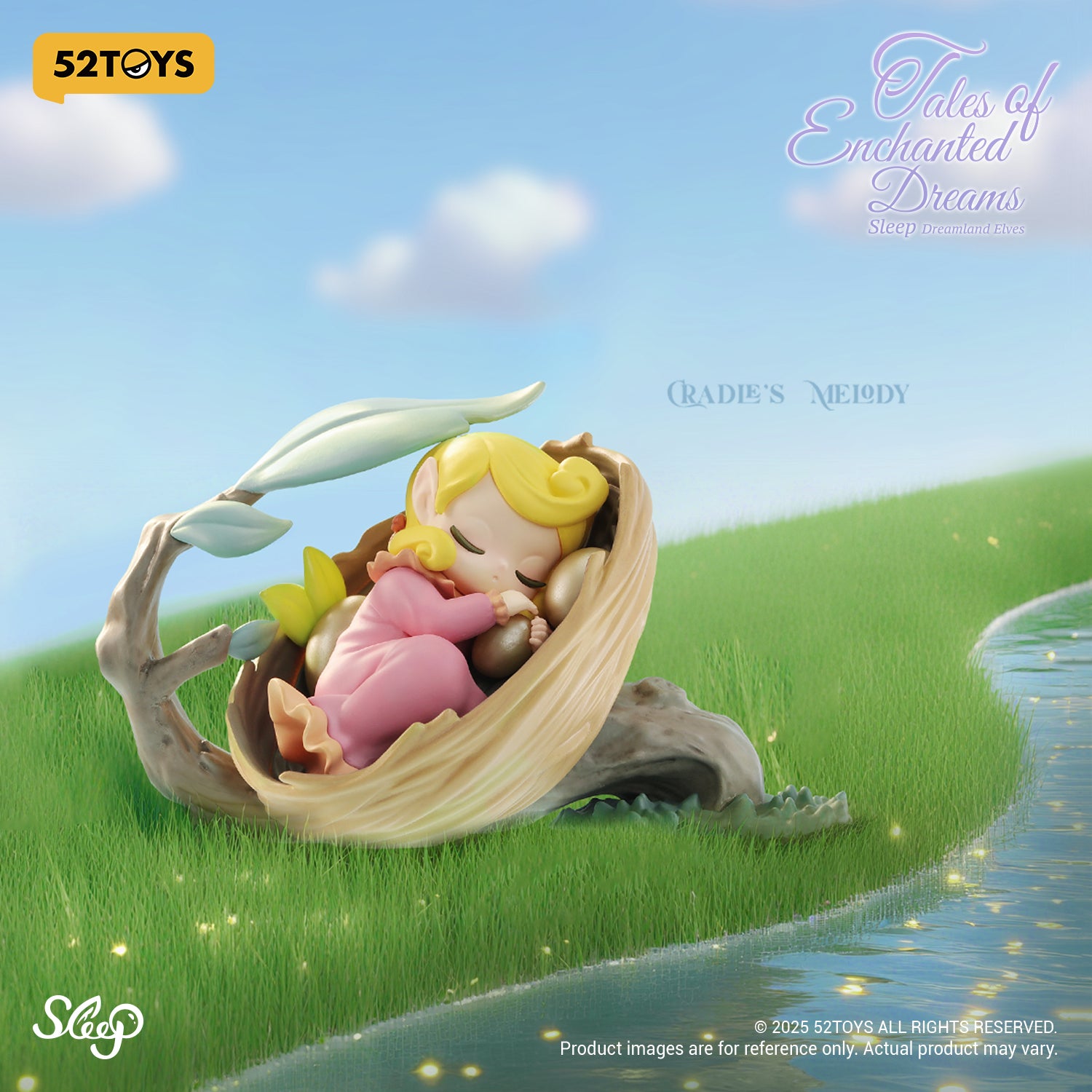 Sleep Dreamland Elves: Tales of Enchanted Dreams Blind Box features a tiny elf in a seed-pod cradle, set on grass by a glowing pond.
