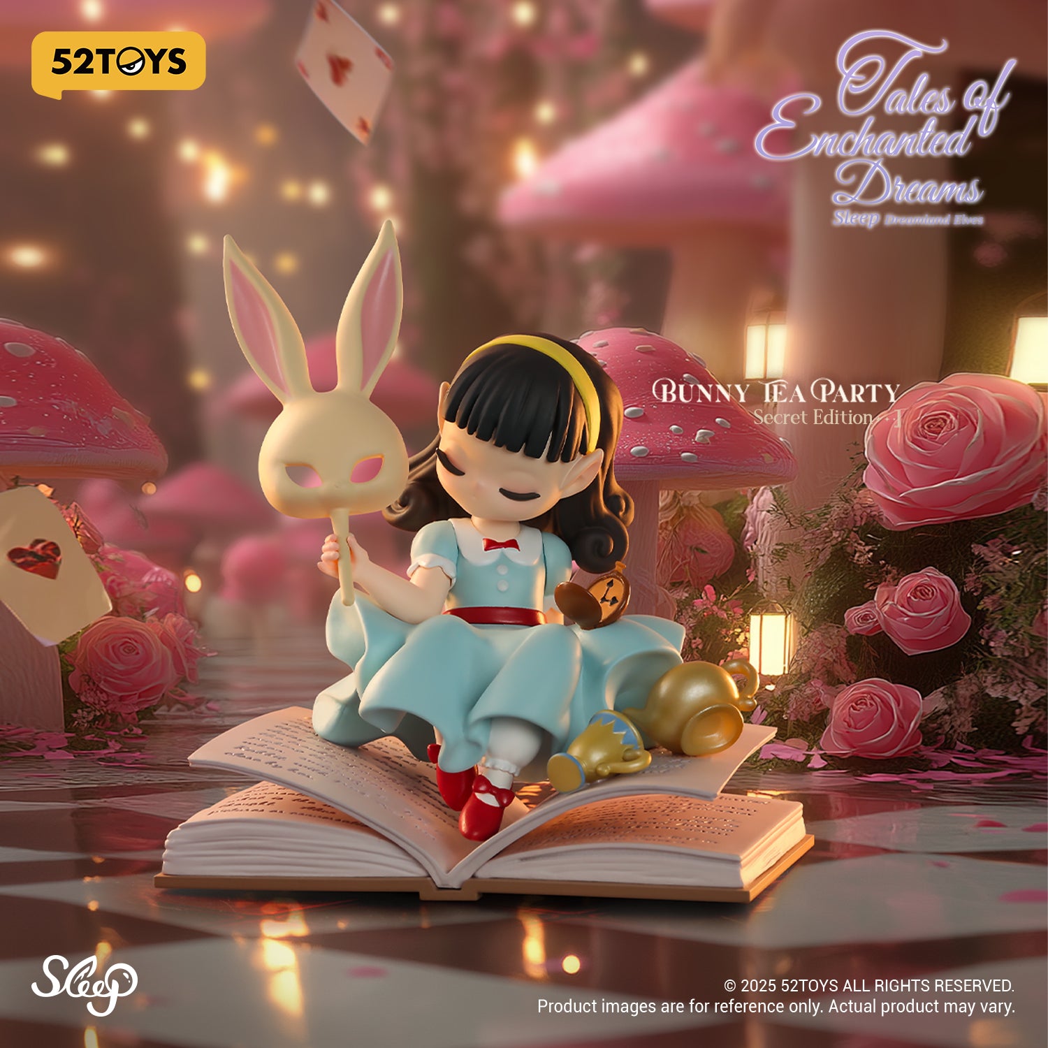 Collectible toy: Sleep Dreamland Elves from 52TOYS, featuring a chibi girl in a storybook setting with a bunny mask and teacup, part of a blind box series.