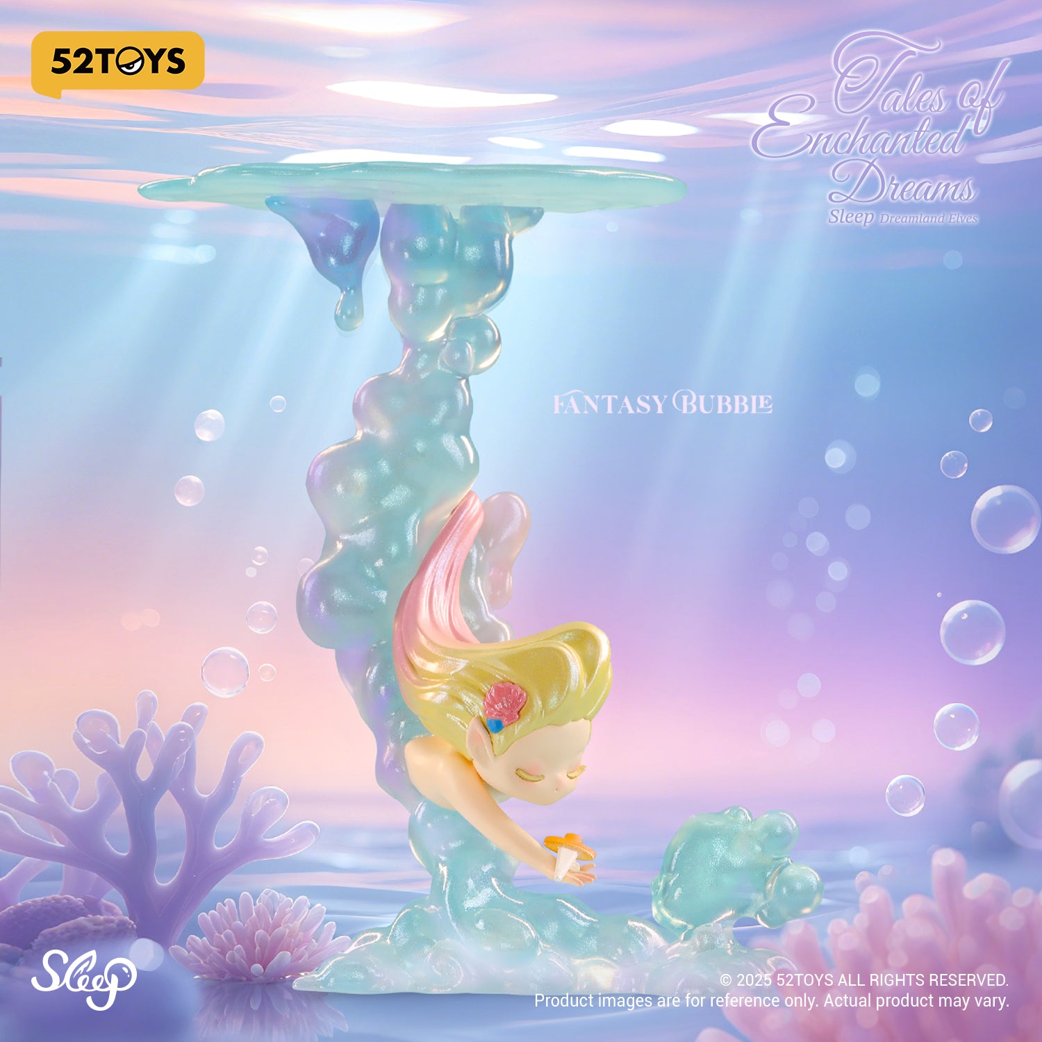 Sleep Dreamland Elves: Tales of Enchanted Dreams Blind Box features an elf-like mermaid figure in a bubble, holding a seashell, surrounded by corals.