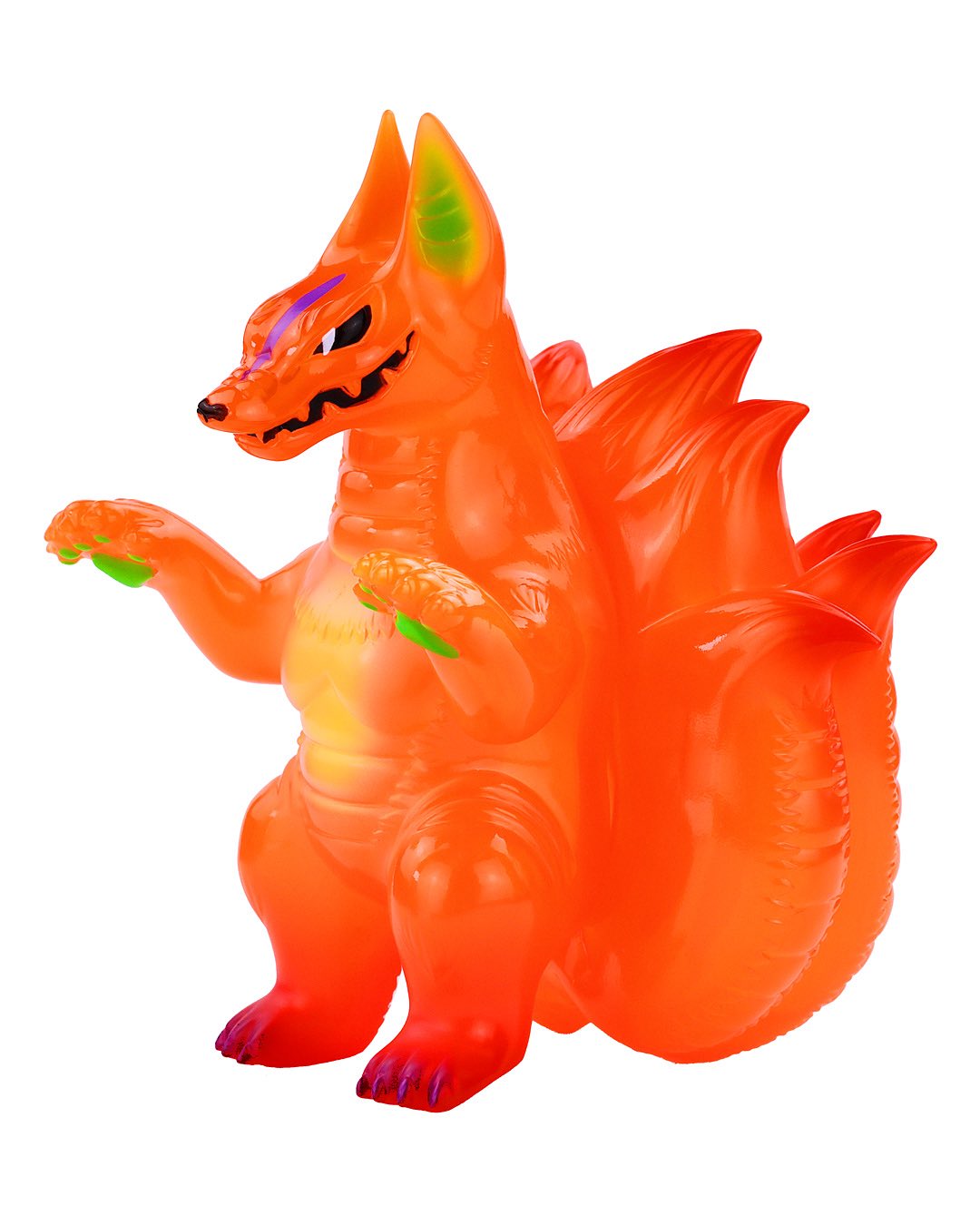 Kyubiros Pumpkin by Konatsu, a 3.5-inch orange sofubi figure, features a snarling fox monster with claws and tails, available for preorder.