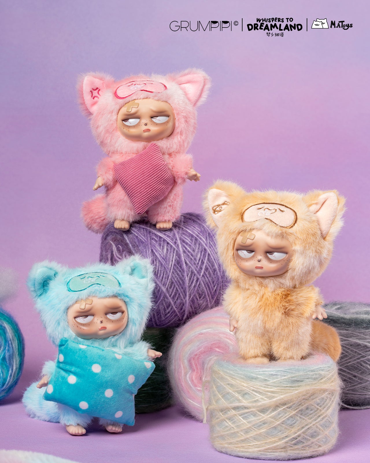 Sleepless Grumpipi Whispers to Dreamland Plush Blind Box Keychain figures in pastel cat suits, posed with yarn, branding visible.