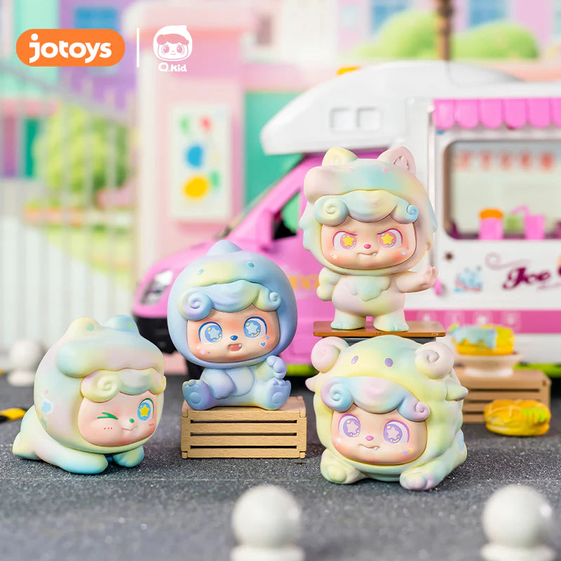 Close-up of a Q. Kid Super Q. Team Mini Series toy figurine, smiling, embodying the adorable yet secretive nature of these collectible art toys.