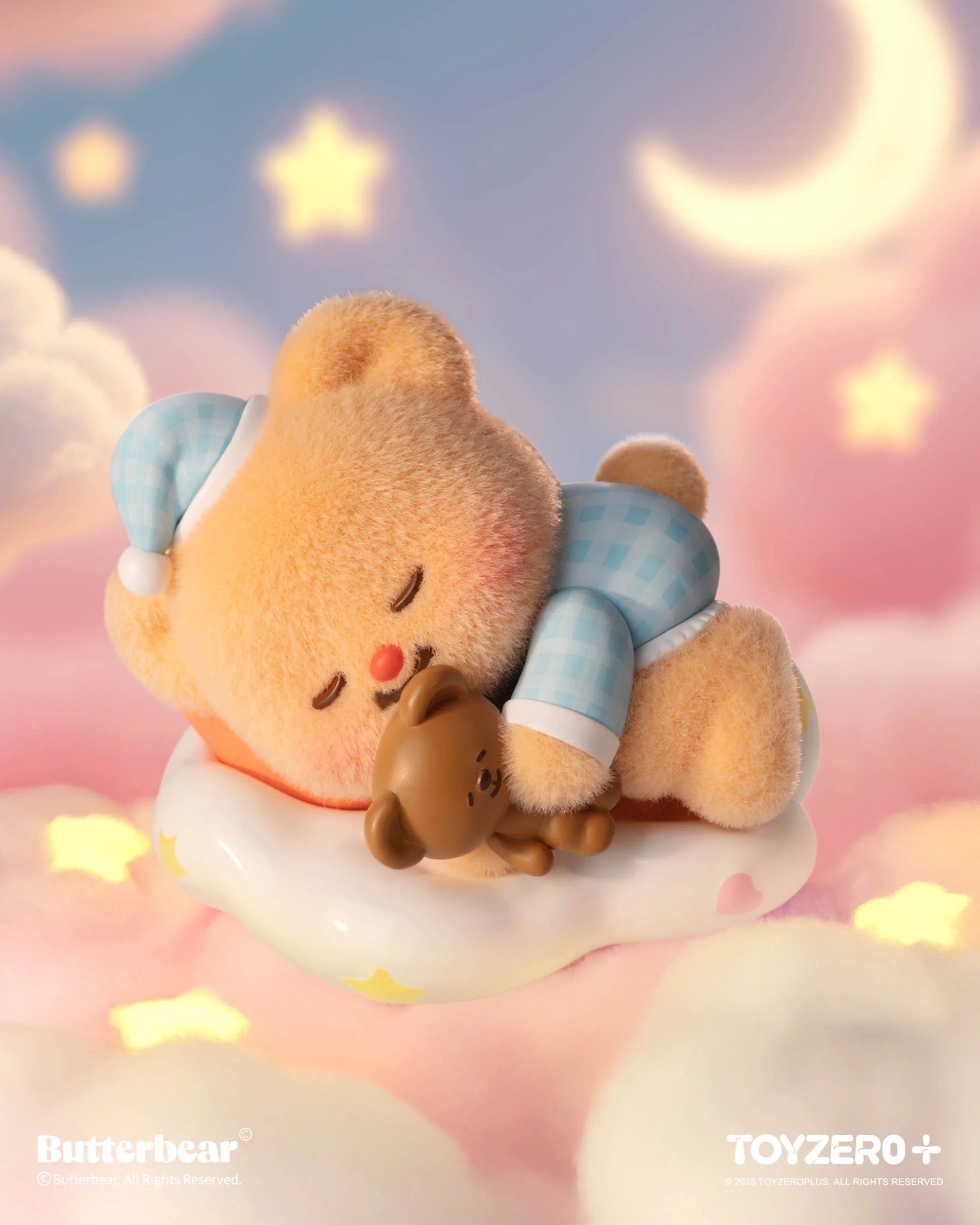 Chubby teddy bear in pajamas sleeps on cloud pillow, holding a smaller bear, part of Butterbear - Little Wishes Blind Box Series.