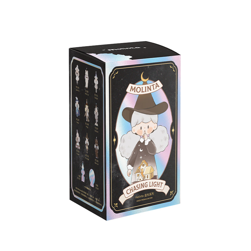 Molinta Chasing Light Series Blind Box with holographic packaging, featuring whimsical character illustration. Includes one mystery figure from 9 designs or potential secret figures.