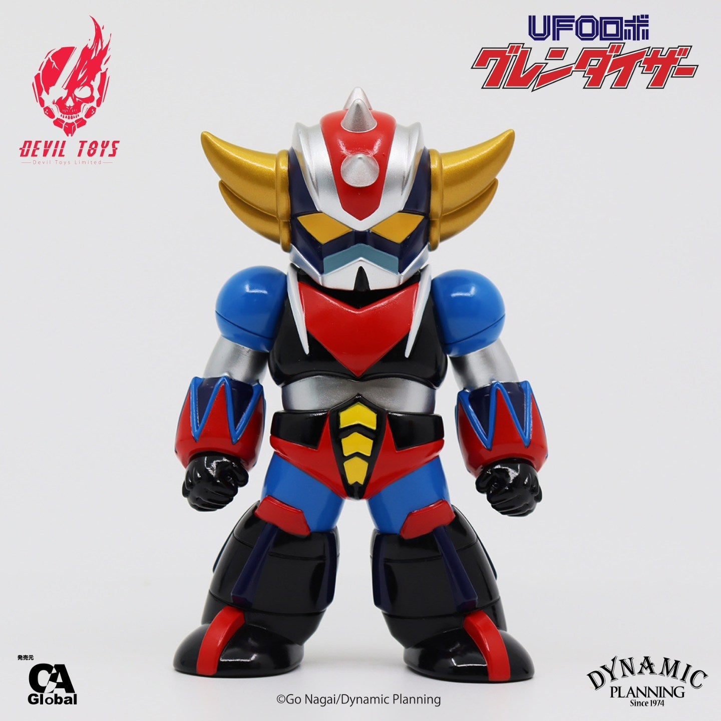 Grendizer - Devil Toys He-So Series - Preorder: Stylized vinyl toy featuring a horned helmet, chest V emblem, and logos of Devil Toys and Dynamic Planning.