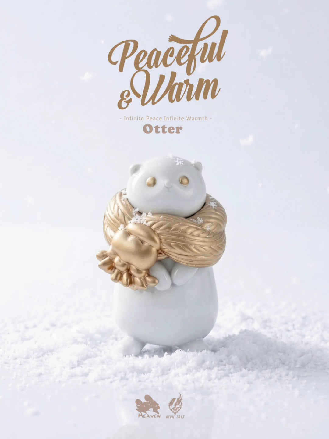Peaceful & Warm - Otter by YanSquareHeaven Studio: a soft vinyl otter figurine with gold accents, in a snowy setting. Available for preorder.
