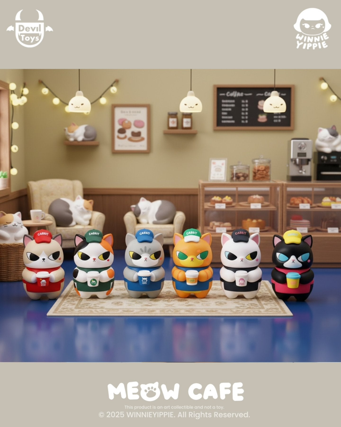 Latte - The Meow Cafe by Winnieyippie: Six vinyl cat barista figures in varied uniforms, part of a collectible art series, displayed in a cozy café diorama.