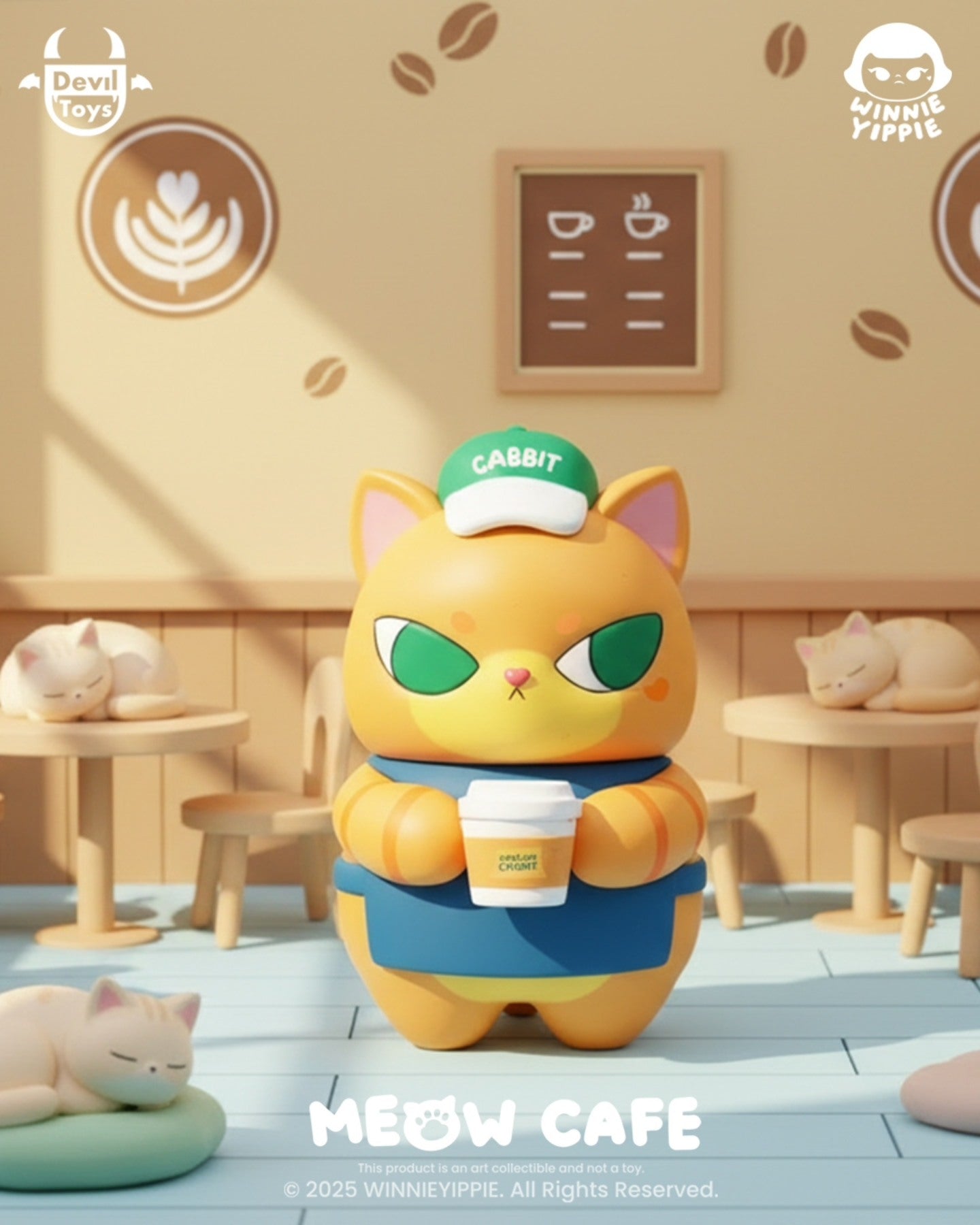 Latte - The Meow Cafe by Winnieyippie: A collectible vinyl figurine of an orange tabby barista with a coffee cup, set in a cozy café scene with napping kittens.