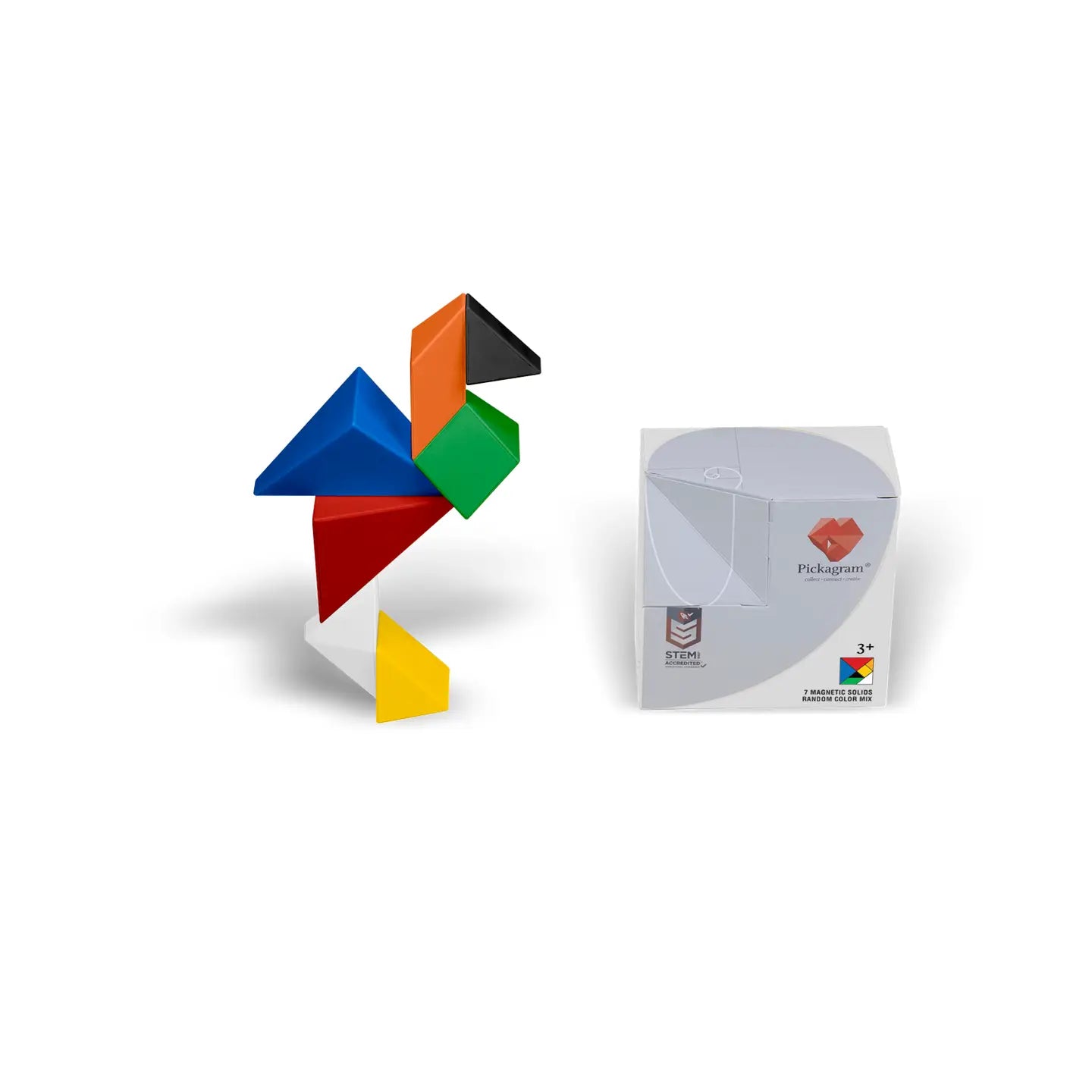 Pickagram Magnetic 3D Art Puzzle - Random Color Mix set featuring seven magnetic shapes for building creative 2D/3D designs, packaged in a STEM-accredited box for ages 3+.