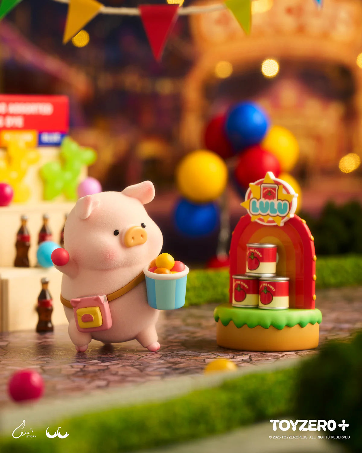 LuLu the Piggy - LuLuLand Series Blind Box features a playful piglet with a satchel and bucket, enjoying a whimsical fairground game scene.