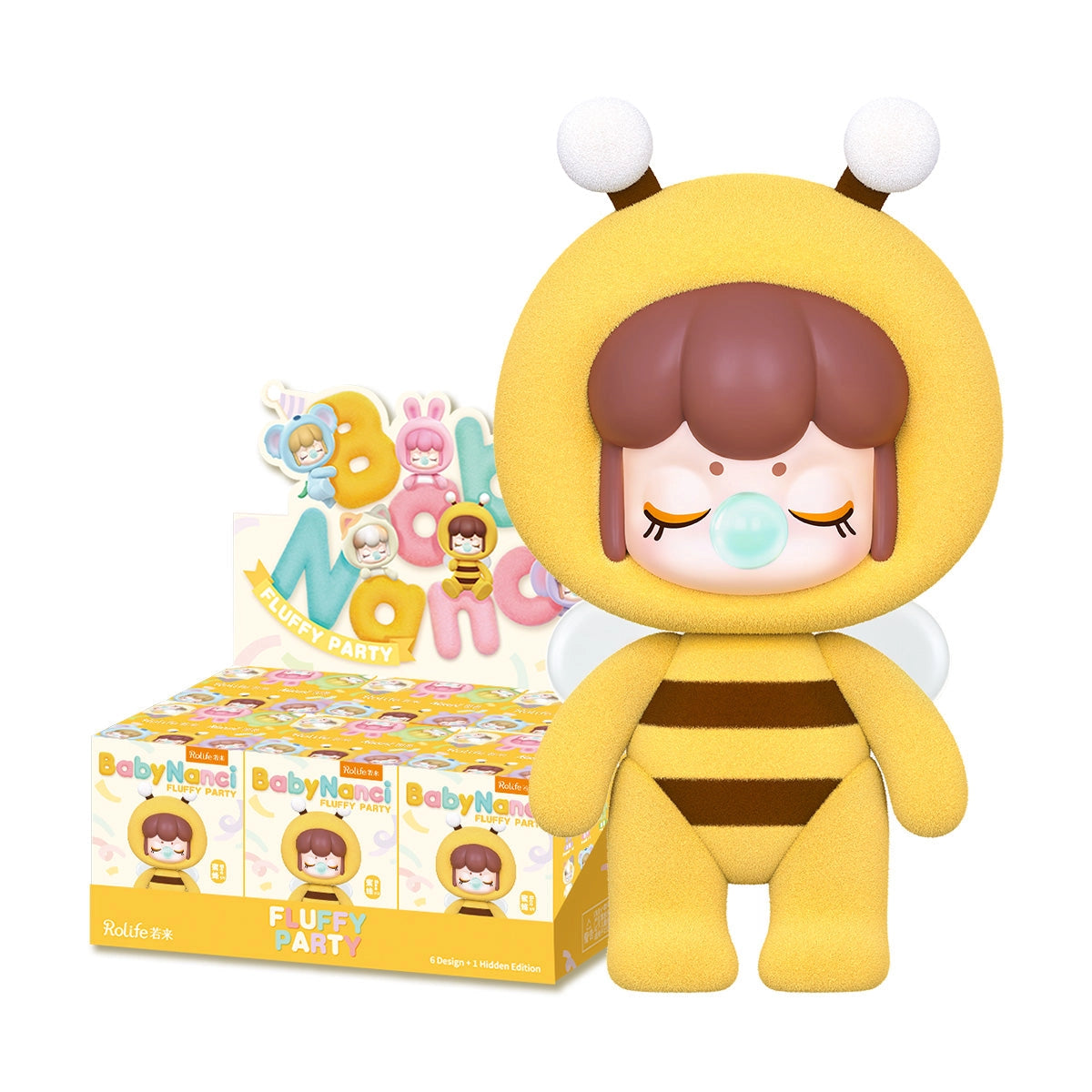 Baby Nanci Fluffy Party Blind Box Series collectible in a bee suit, blowing bubble gum, with display box featuring various costume designs in the background.