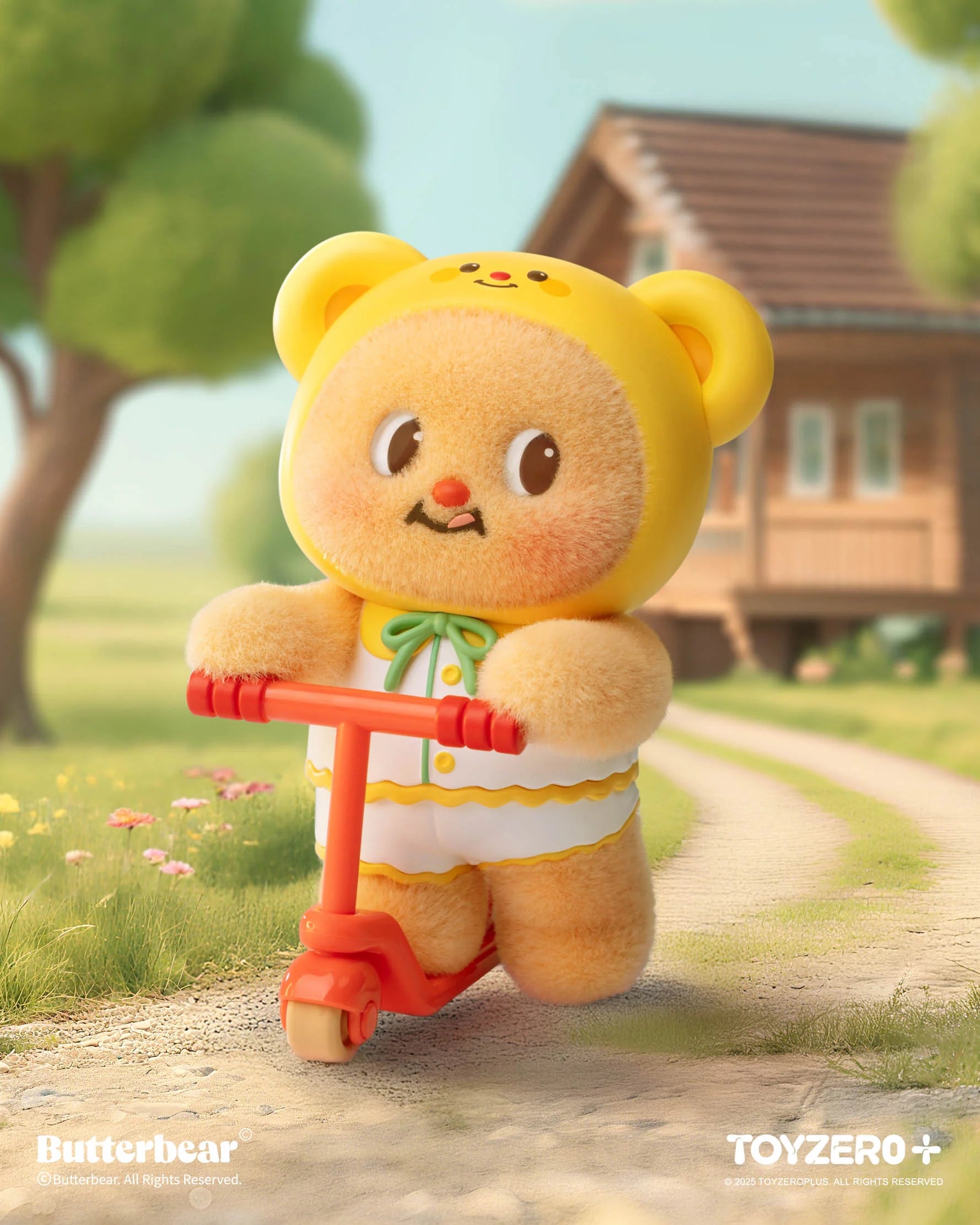 Butterbear - Little Wishes Blind Box Series: Fuzzy bear in yellow hood on orange scooter, promoting a collectible toy line by Toyzero+. Preorder now for November 2025 release.