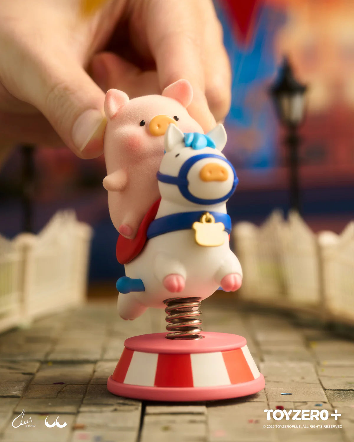 LuLu the Piggy figurine atop a spring-mounted horse from LuLuLand Series Blind Box, part of a whimsical desk amusement park set by TOYZEROPLUS.