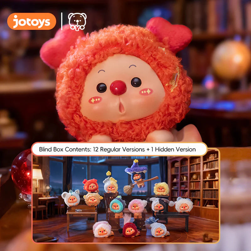 JOTOYS OYO Constellation Story Hipper Series Mini Blind Box plush collectible in animal costumes, featuring 12 designs and one mystery variant in a library setting.