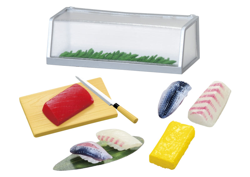 Wait for me! Downtown's human sushi Re-ment Blind Box Series featuring assorted sushi designs and a knife on a cutting board, highlighting collectible art toys.