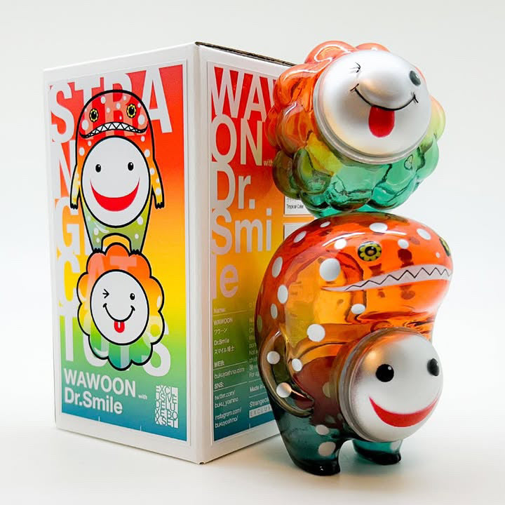 WAWOON with Dr. Smile - Tropical Rainbow Exclusive, a Japanese Sofubi toy with cartoon faces, 13cm in height, from Strangecat Toys.