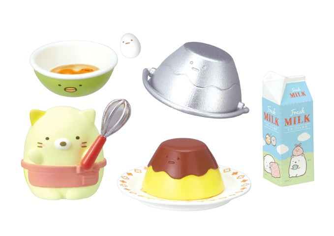Sumikkogurashi Sweets Cooking Together Re-ment Blind Box Series featuring kawaii pudding-making playset with cute characters and accessories, perfect for collectible toy enthusiasts.