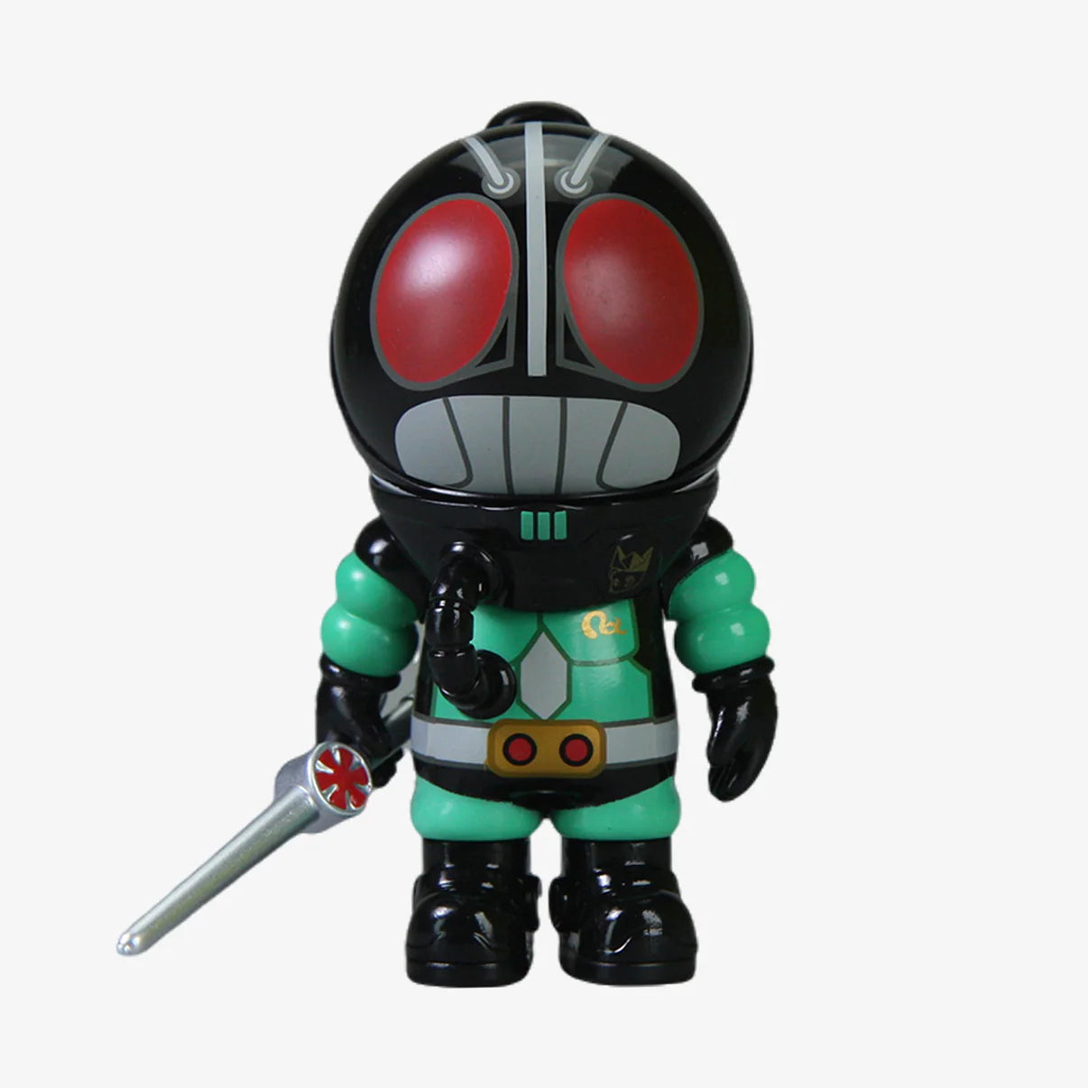 SAMSAM ADVENTURER X KAMEN RIDER BLIND BOX features a stylized vinyl figure with a bug-like helmet, mint-green suit, and silver rod.