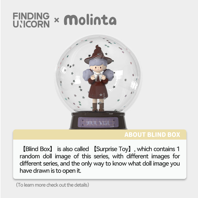 Molinta Chasing Light Series Blind Box: Snow-globe display with a magical doll inside, labeled “YOUR WISH.” Preorder, ships by Sept 2025.