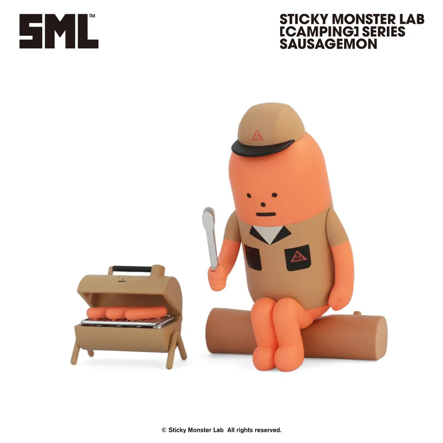 Sticky Monster Lab Camping Series Sausagemon vinyl figure, pre-order blind box, features a sausage character with camping gear, grilling sausages beside a barbecue.