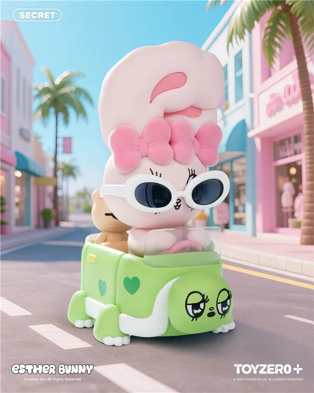 Esther Bunny Holiday Vibe Series Blind Box features Esther Bunny in a convertible with a bear, available for preorder from Strangecat Toys, shipping by Nov 2025.