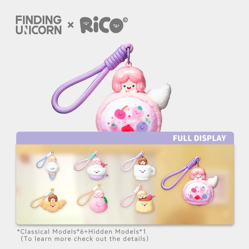 FINDING UNICORN RiCO Dessert Party Plush Aromatherapy Blind Box featuring pastel macaron unicorn key-chain; lineup includes six dessert charms and one hidden model.