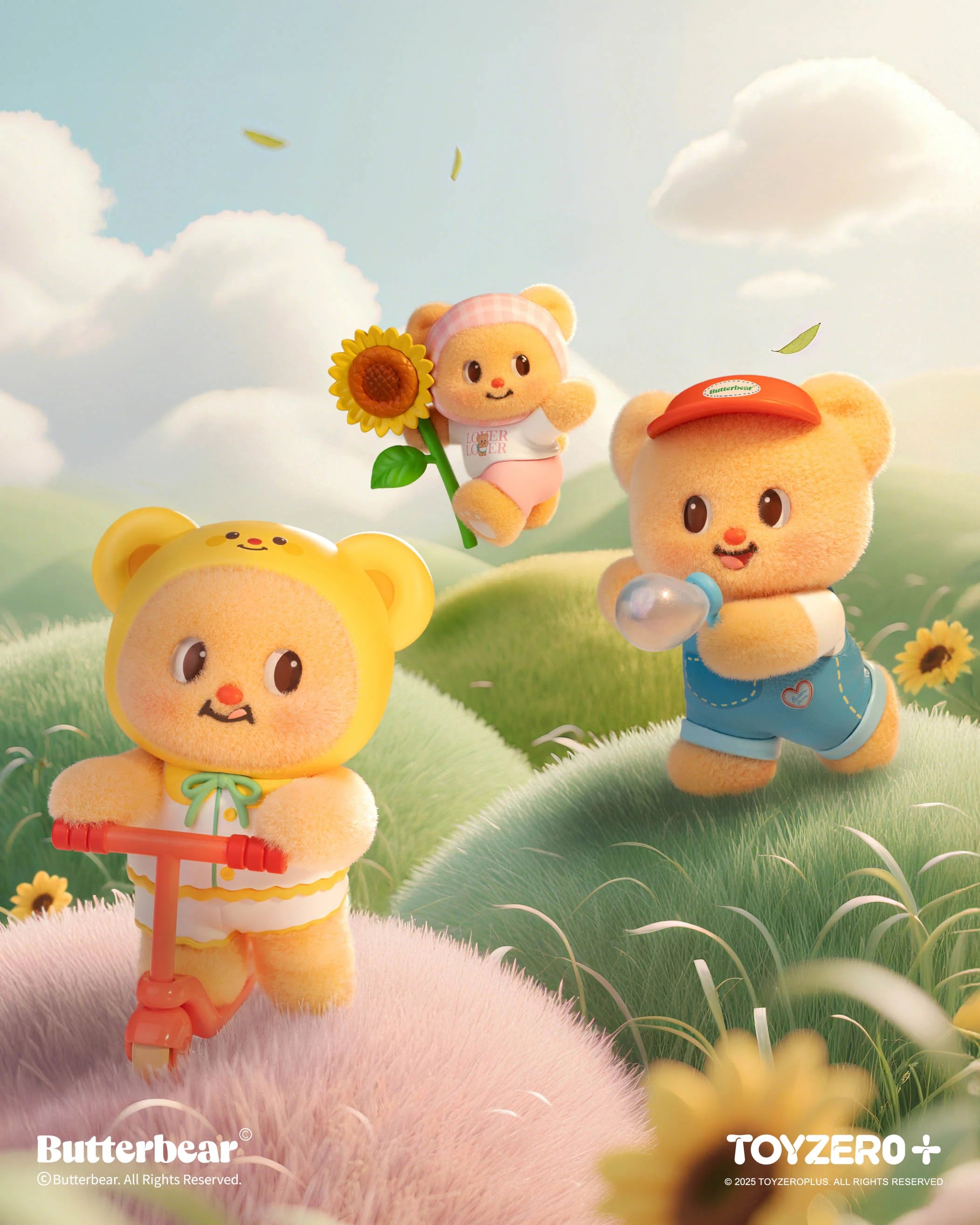 Butterbear - Little Wishes Blind Box Series illustration featuring fluffy bears in a whimsical landscape, highlighting preorder details and TOYZERO+ branding.