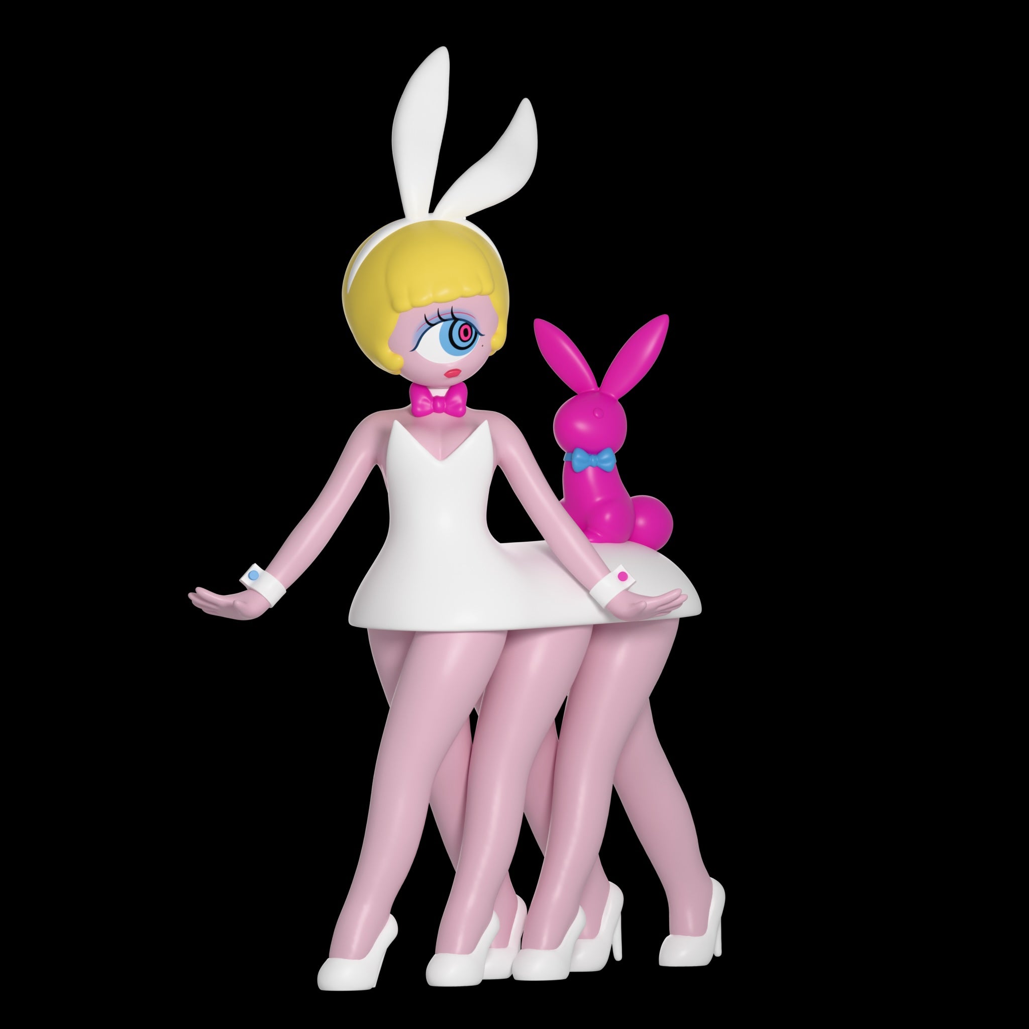 Playboy × Abao - Bunny Girl 2.0: Surreal 3D figure with pink legs, blue-pink eye, bunny ears, and pink rabbit figurine. Preorder for June 2026.
