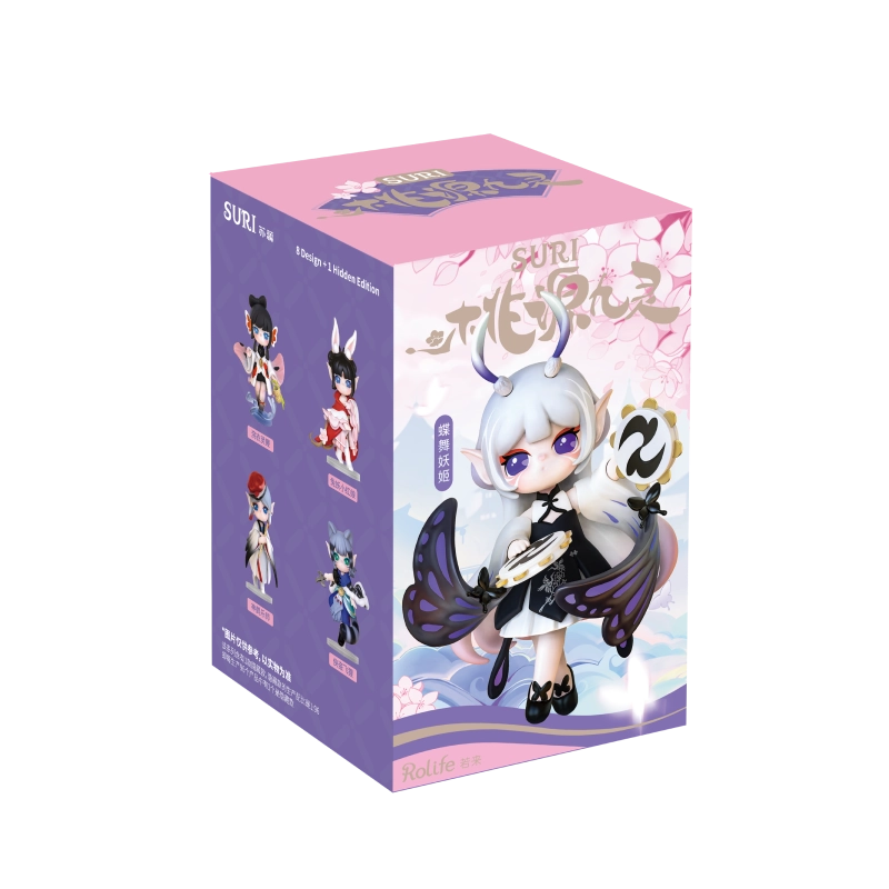 Paradise Guardians Blind Box Series featuring chibi butterfly princess figure with elf ears, part of SURI's collectible vinyl figures, 6 designs plus 1 hidden edition.