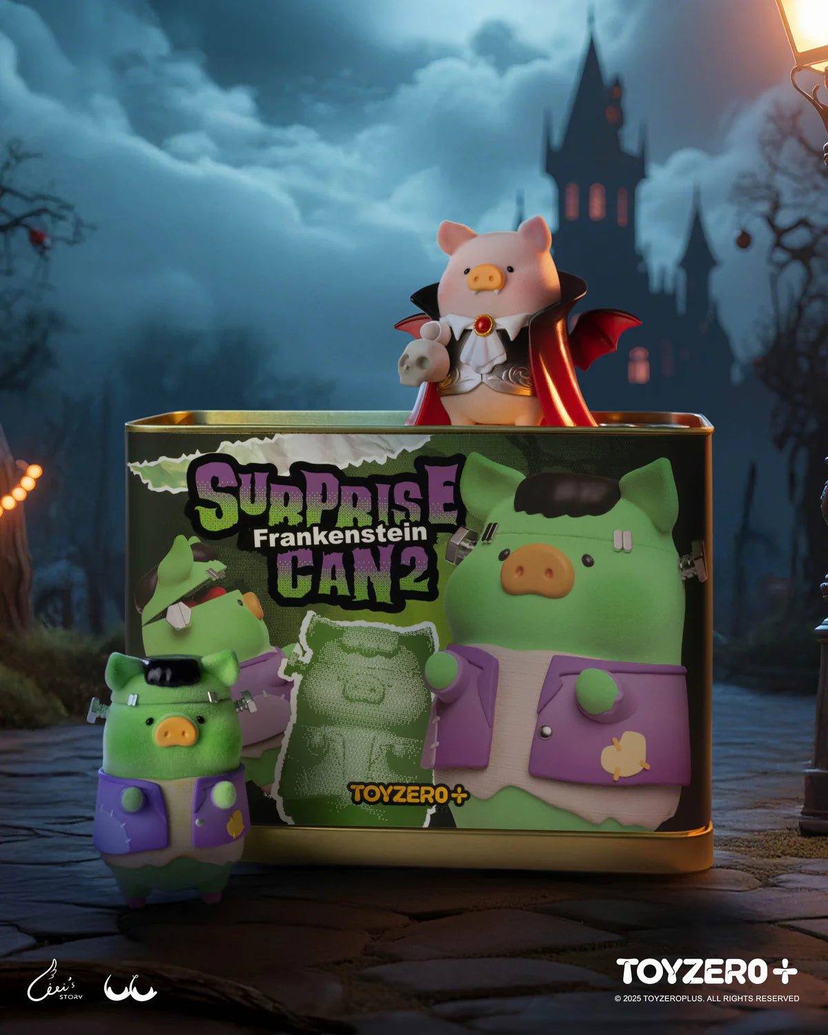 LuLu The Piggy - Surprise Can 2 features Frankenstein and vampire pigs with a spooky castle backdrop. Preorder this Halloween collectible from ToyZero+.