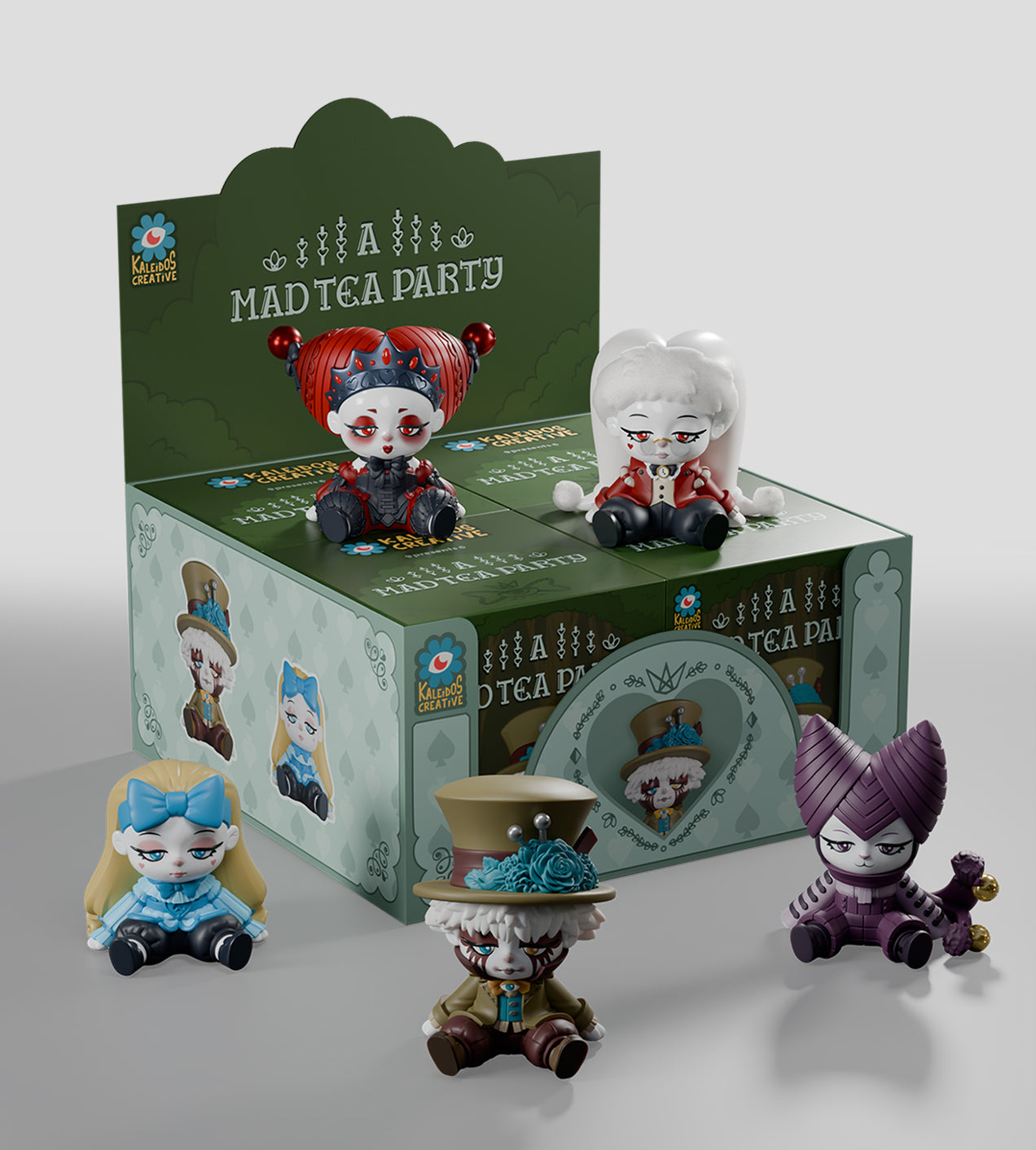 A Mad Tea Party Blind Box featuring five chibi-style Wonderland characters, including Alice and the Mad Hatter, displayed around a green package.