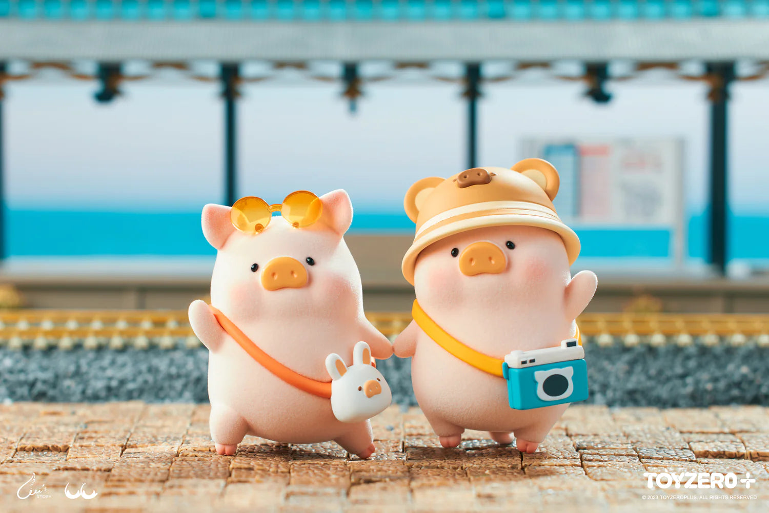 Two small toy pigs with hats and sunglasses, a toy pig with a rabbit, a camera, and a yellow object with holes from LuLu The Piggy's Travel Blind Box Series.