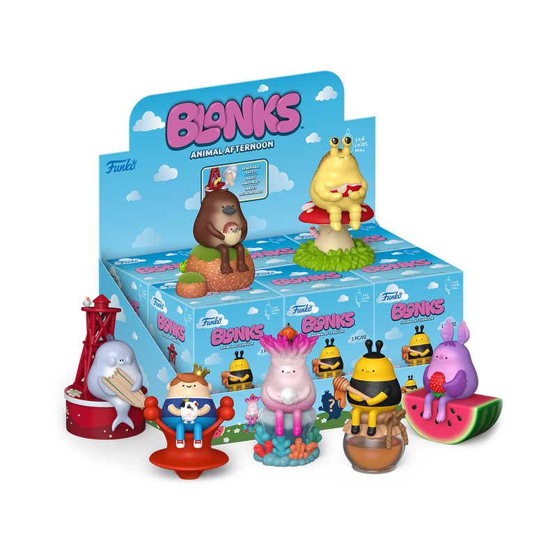 Funko's Blonks Animal Afternoon Premium Blind Box features eight stylized vinyl figures, showcasing quirky critter scenes by Sad Salesman.