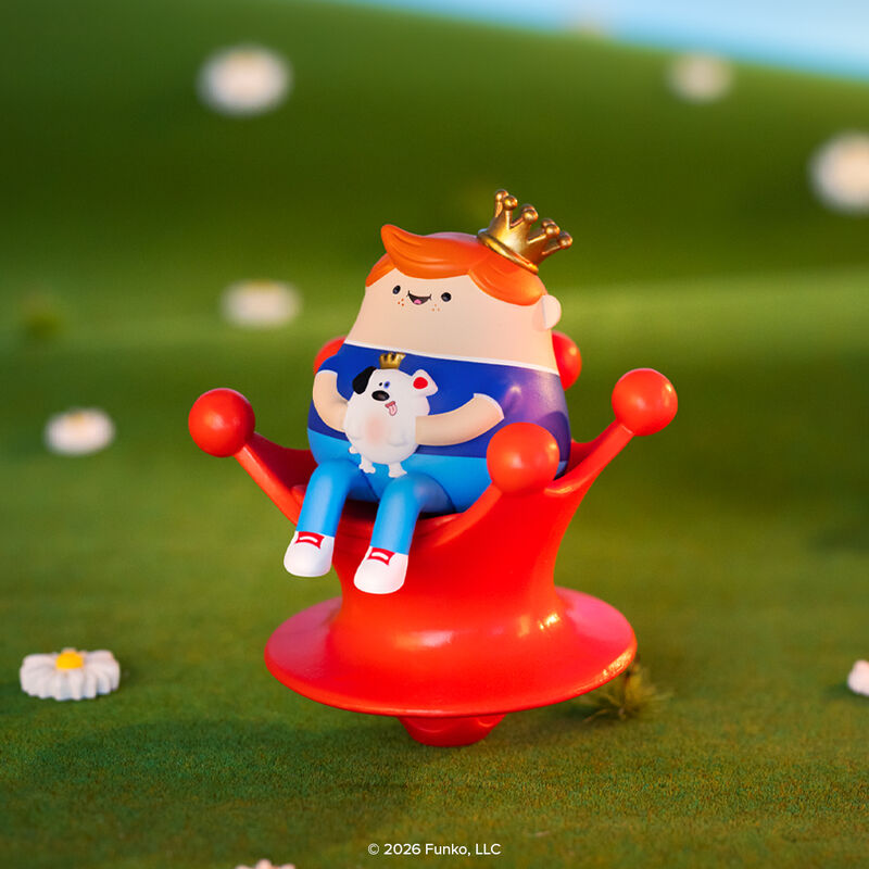 Funko collectible figure with red-haired king holding a crowned puppy on a throne from Blonks Animal Afternoon Premium Blind Box by Sad Salesman.