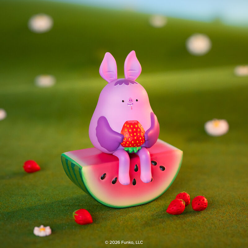 Blonks Animal Afternoon Premium Blind Box figurine: pastel-purple creature with rabbit ears, holding a strawberry, on a watermelon slice. Part of Funko's collectible series, designed by Sad Salesman.