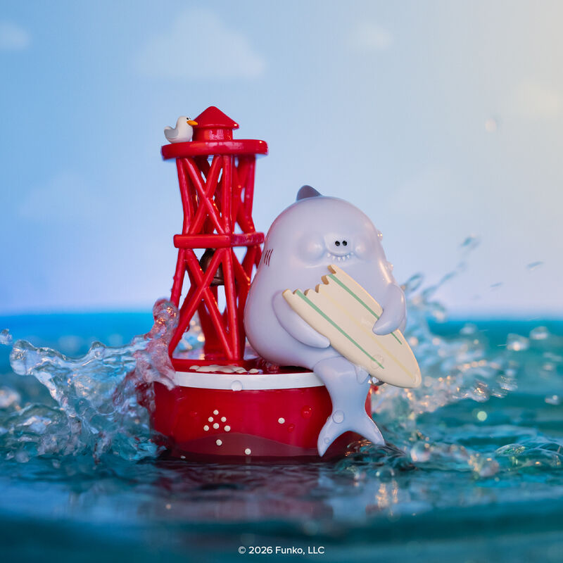 Blonks Animal Afternoon Premium Blind Box by Sad Salesman: A Funko vinyl figure of a cartoon shark on a buoy with a surfboard and seagull.