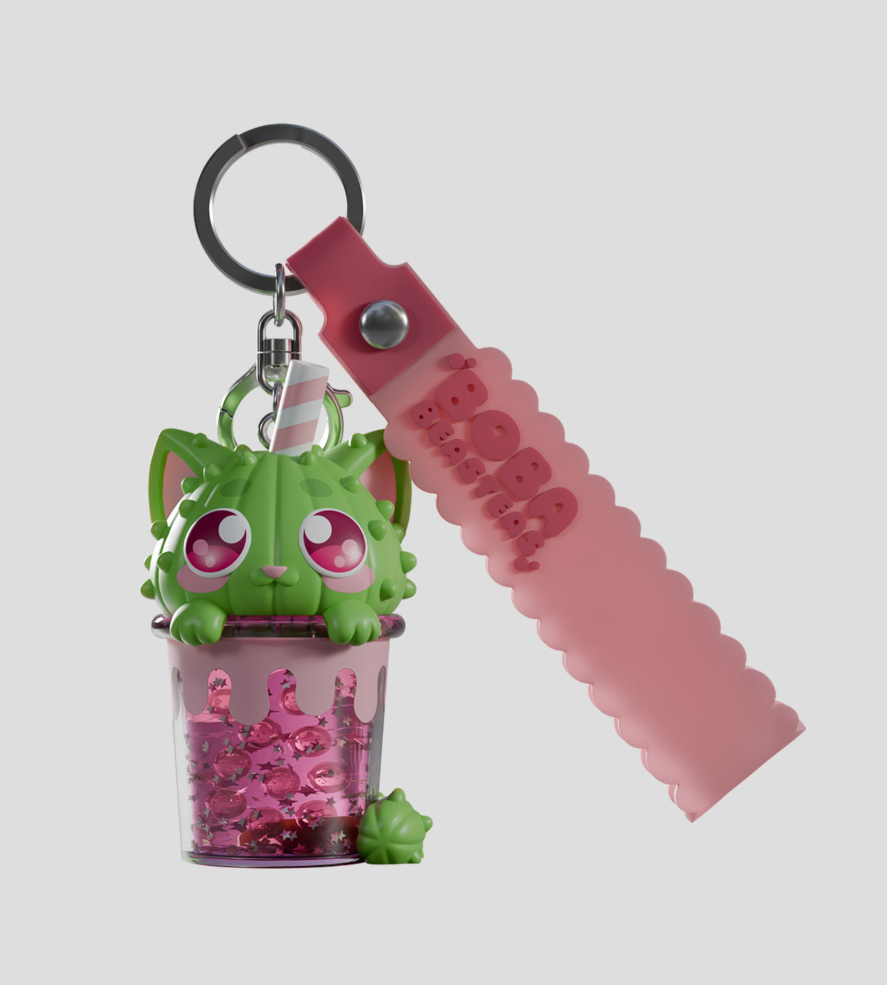 Boba Beasteas Blind Box features a green cat-creature in a glittery cup keychain, with a pink strap marked “BOBA BEASTIES.”