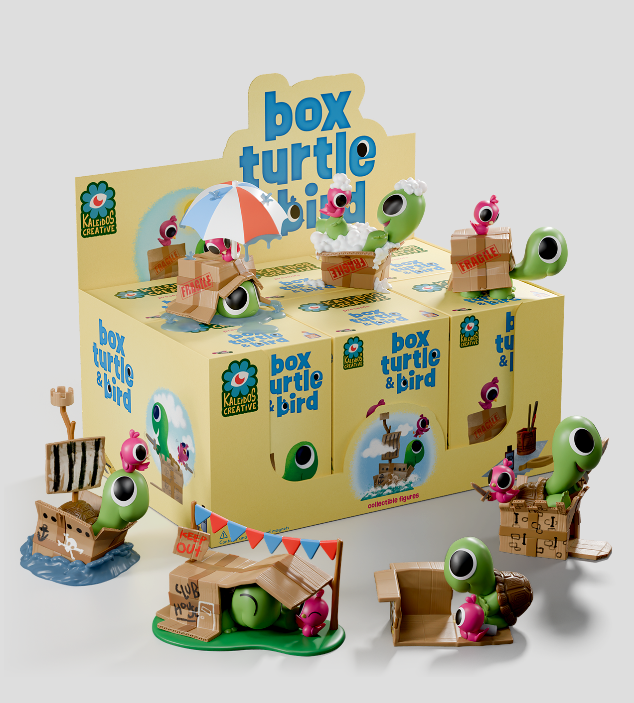 Box Turtle & Bird Blind Box: Six playful diorama scenes with turtle and bird figures in cardboard environments, celebrating friendship and imagination.