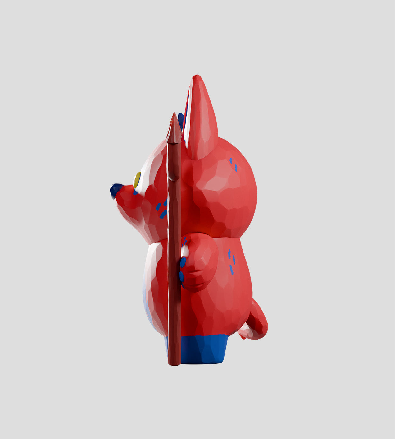 Bubba Bad Limited Edition figurine: a red, low-poly fox-like creature holding a spear, stands on a blue base, featuring a whimsical design.