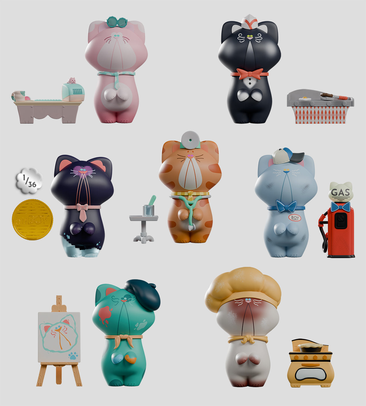 Business Boy Blind Box features toy cats exploring careers as doctors and chefs, with accessories. Includes six designs plus one secret, crafted from PVC and ABS.