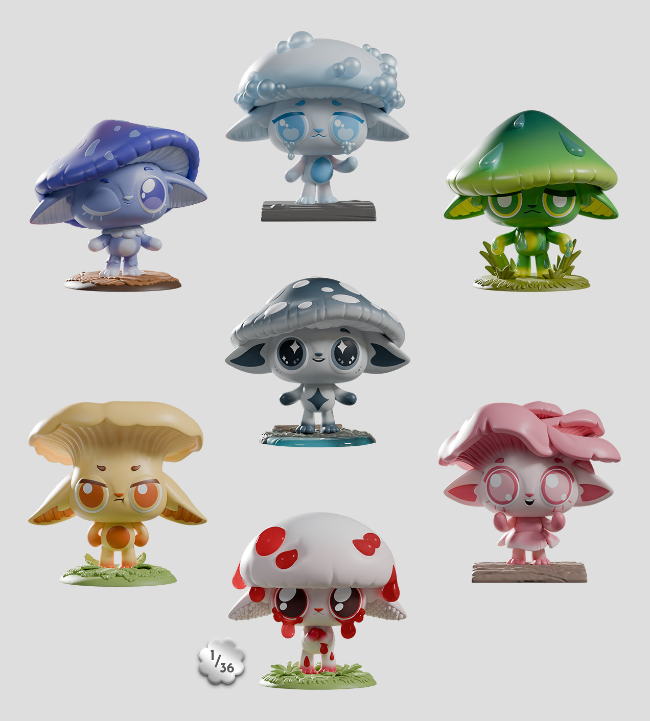 Capkins Series 2 Blind Box features seven whimsical mushroom spirit figurines, each uniquely styled with colorful caps and matching bases, embodying enchanting characters from Fungi Forest.