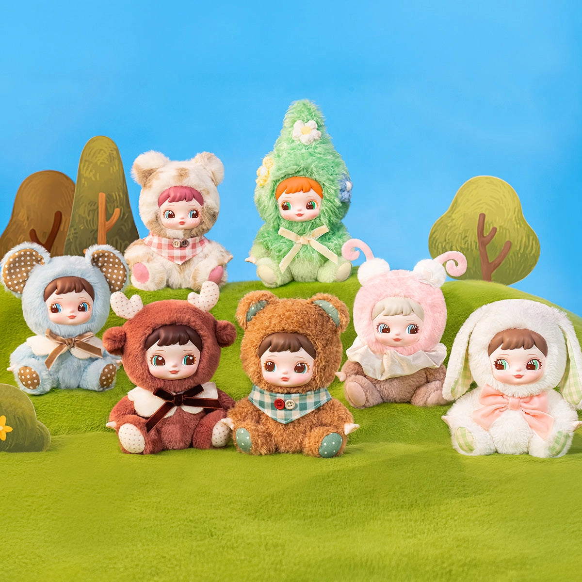 Eight Rolife Surprise Plush Pendants, featuring forest-themed costumes, displayed on grass with whimsical props, embodying Charline's Forest Hide&Seek theme from Strangecat Toys.