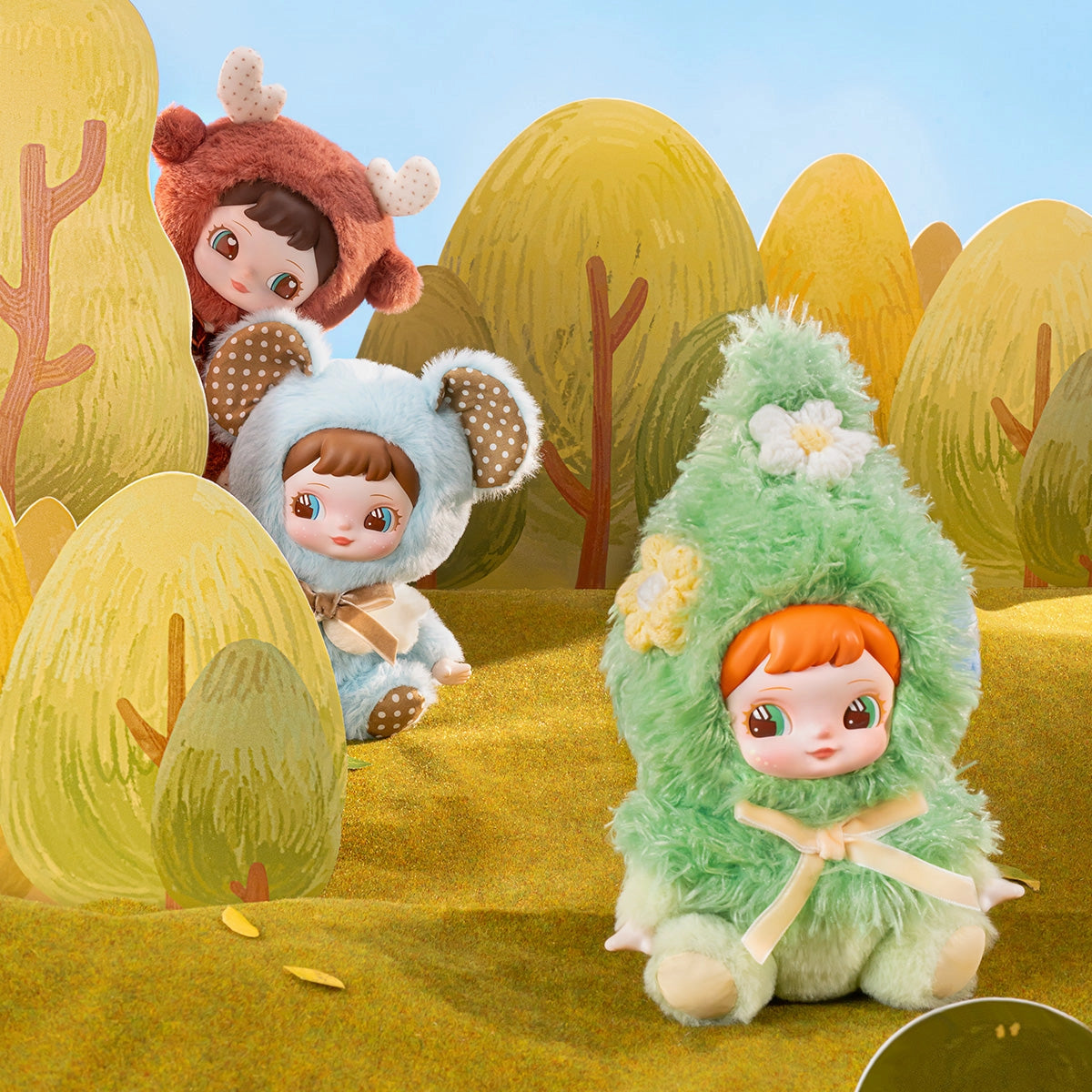 Rolife Surprise Plush Pendant - Charline's Forest Hide&Seek MXAXX dolls in playful animal costumes set in a whimsical forest scene.