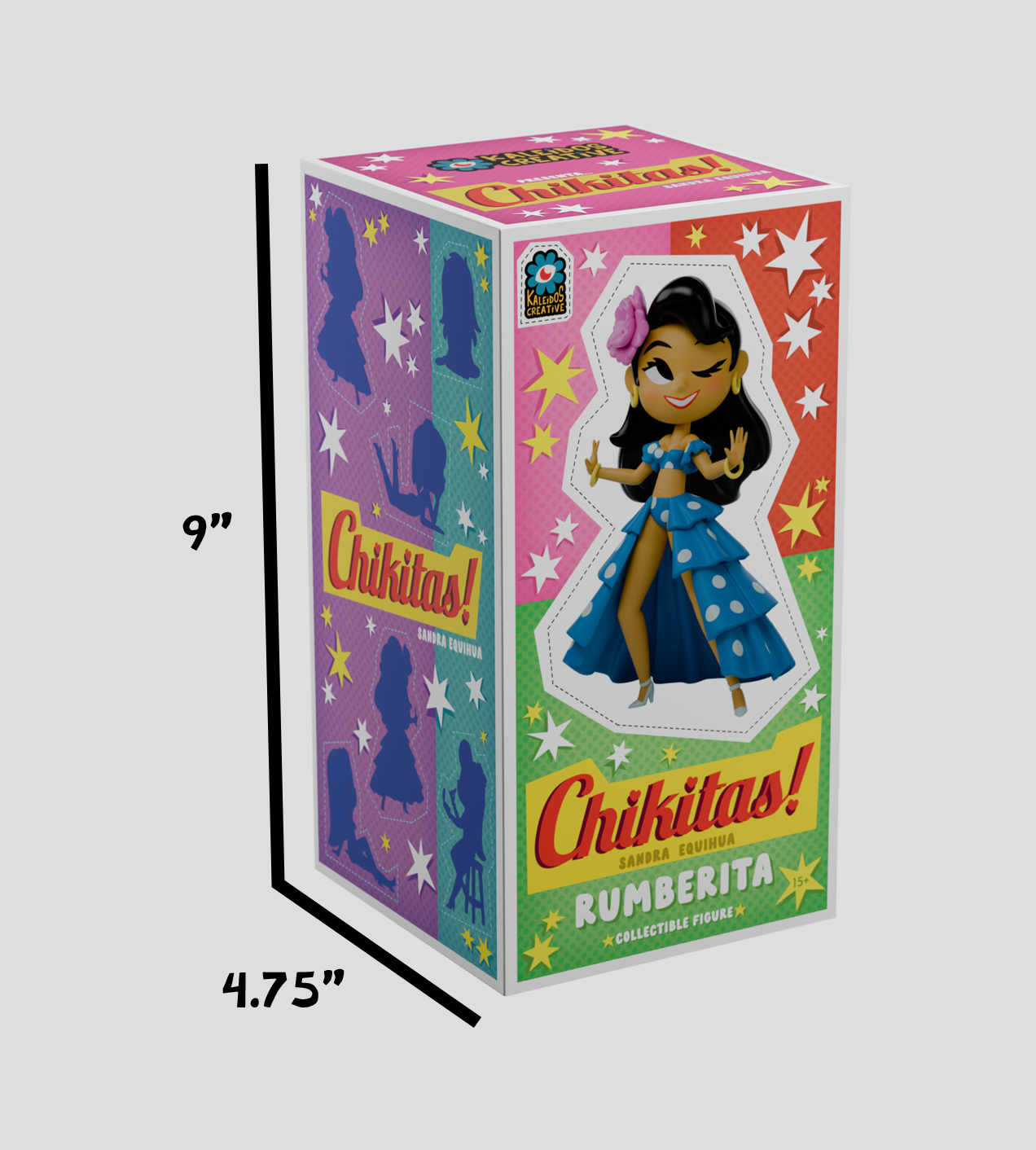 Chikitas!: Rumberita Limited Edition - Preorder. 3-D retail box showing a stylized Latina dancer figure in blue polka-dot attire, designed by Sandra Equihua.