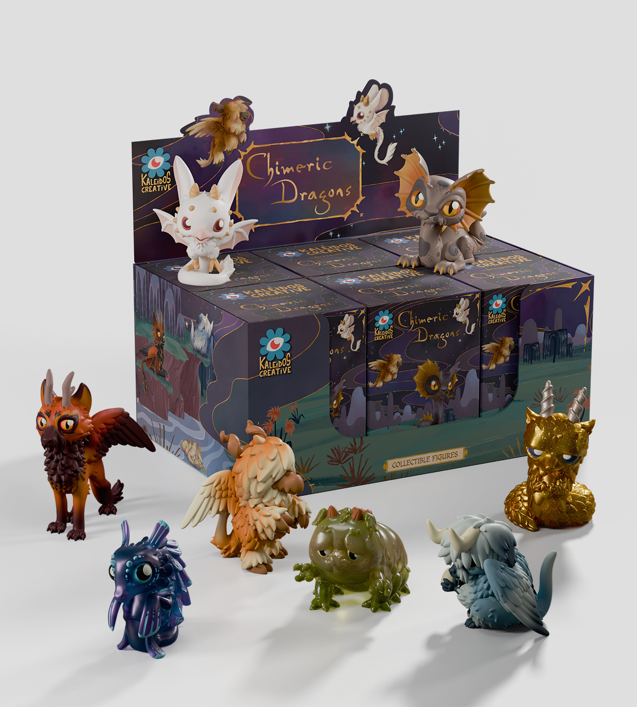 Chimeric Dragons Blind Box - Preorder display featuring whimsical resin figures blending dragon and animal traits, with eight mystery packs arranged in front of a decorative box.