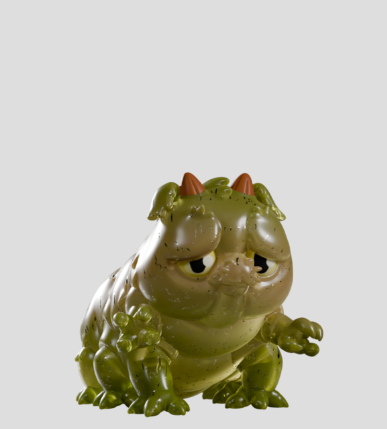 Chimeric Dragons Blind Box - Preorder: A 3-D creature with translucent skin, conical horns, and a glum expression, showcasing Strangecat Toys' dark fantasy art toy collection.