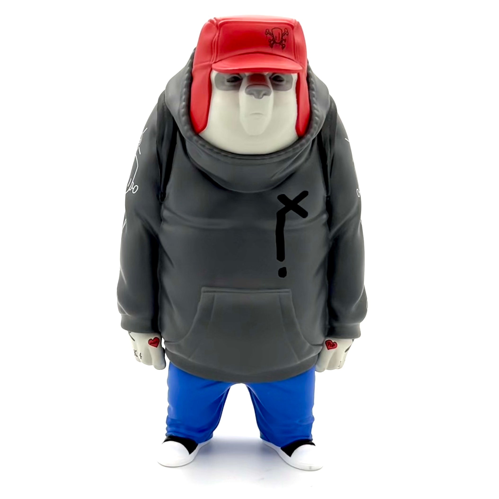 Hardcore Kid Kub vinyl figure by Mike Fudge x ChrisRWK, featuring a toy bear in a red hat and sweatshirt. Produced by UVD Toys.