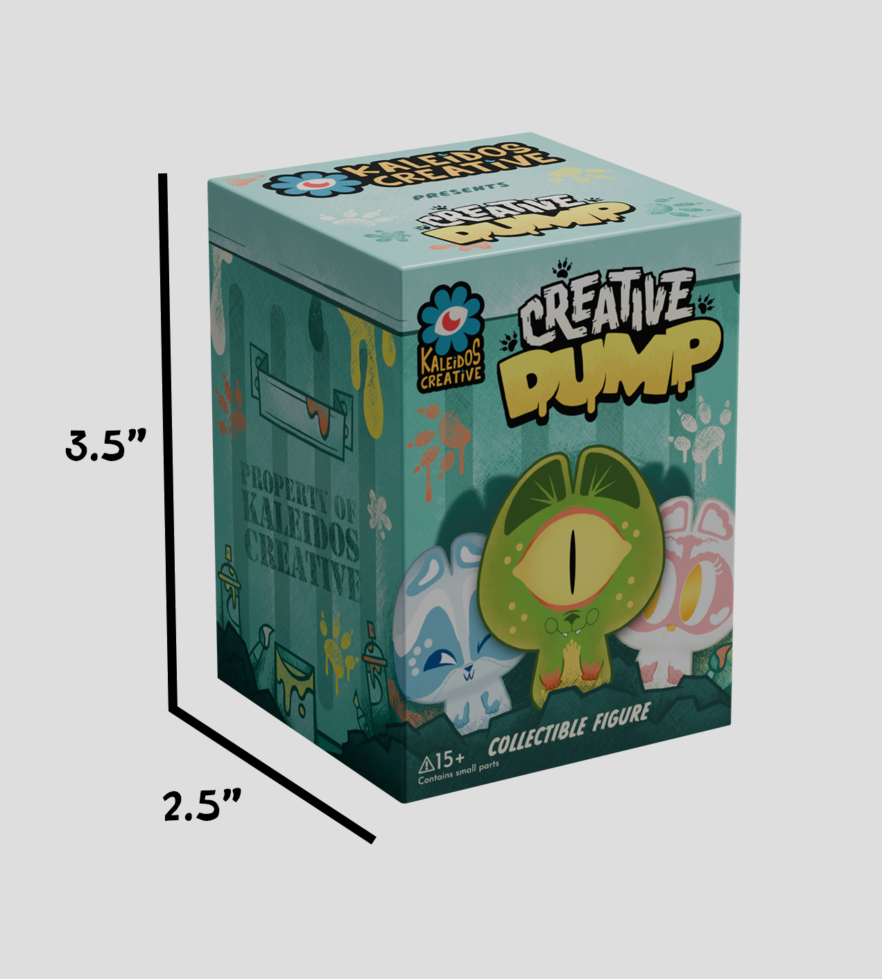 Creative Pump collectible figure box by Kaleidos Creative, featuring cartoon character art and product details. Includes safety warning for ages 15+.