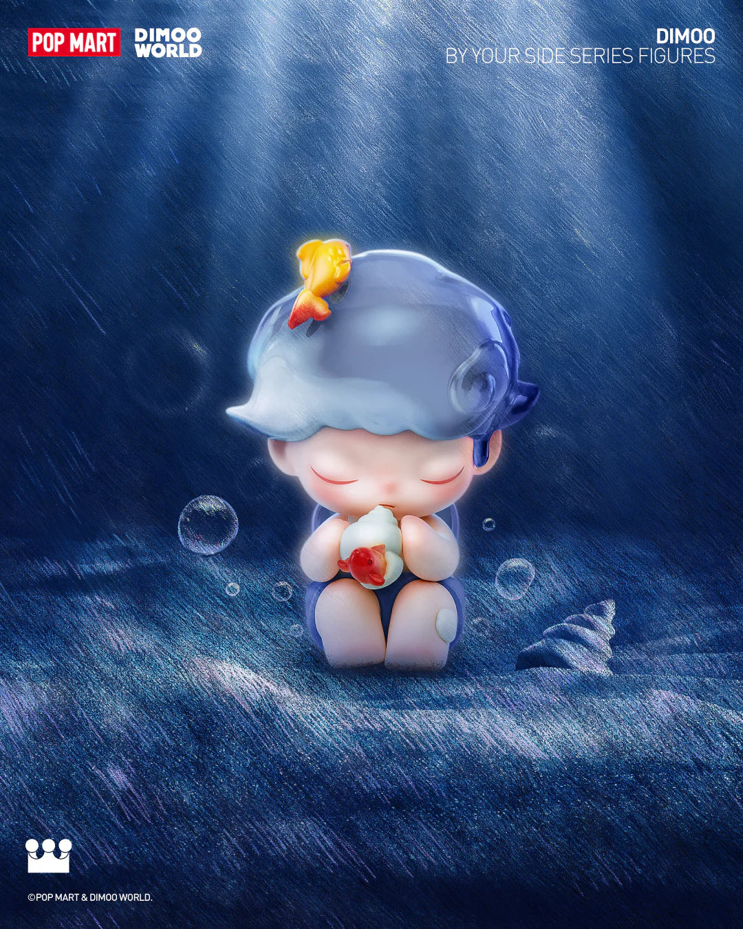 Cartoon character figurine holding a fish from the DIMOO By Your Side Blind Box Series - Preorder, featuring 12 designs and 1 secret.