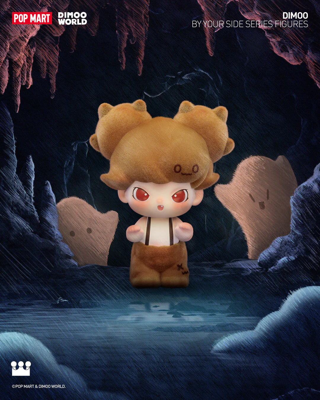 Alt text: DIMOO By Your Side Blind Box Series featuring cartoon characters with red eyes, available for preorder, ships July 2024.